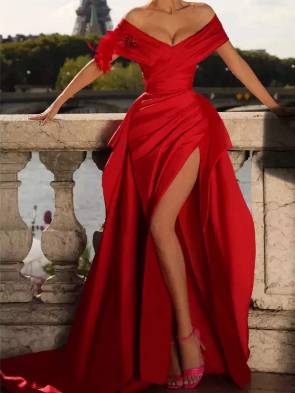 Tarik Ediz Off-Shoulder Red High-Slit Satin Gown